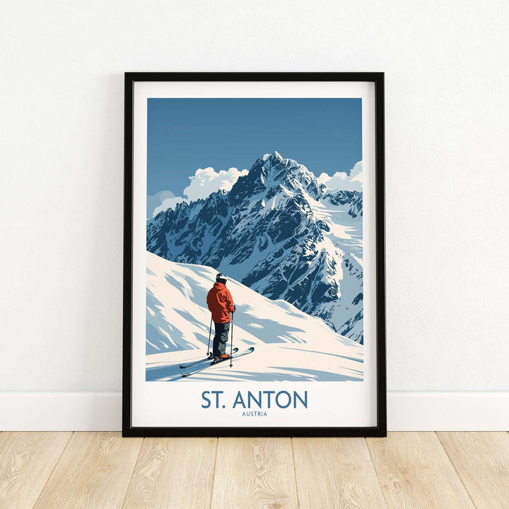 St. Anton ski poster featuring a skier against a stunning mountain backdrop, perfect for winter sports enthusiasts and home decor.