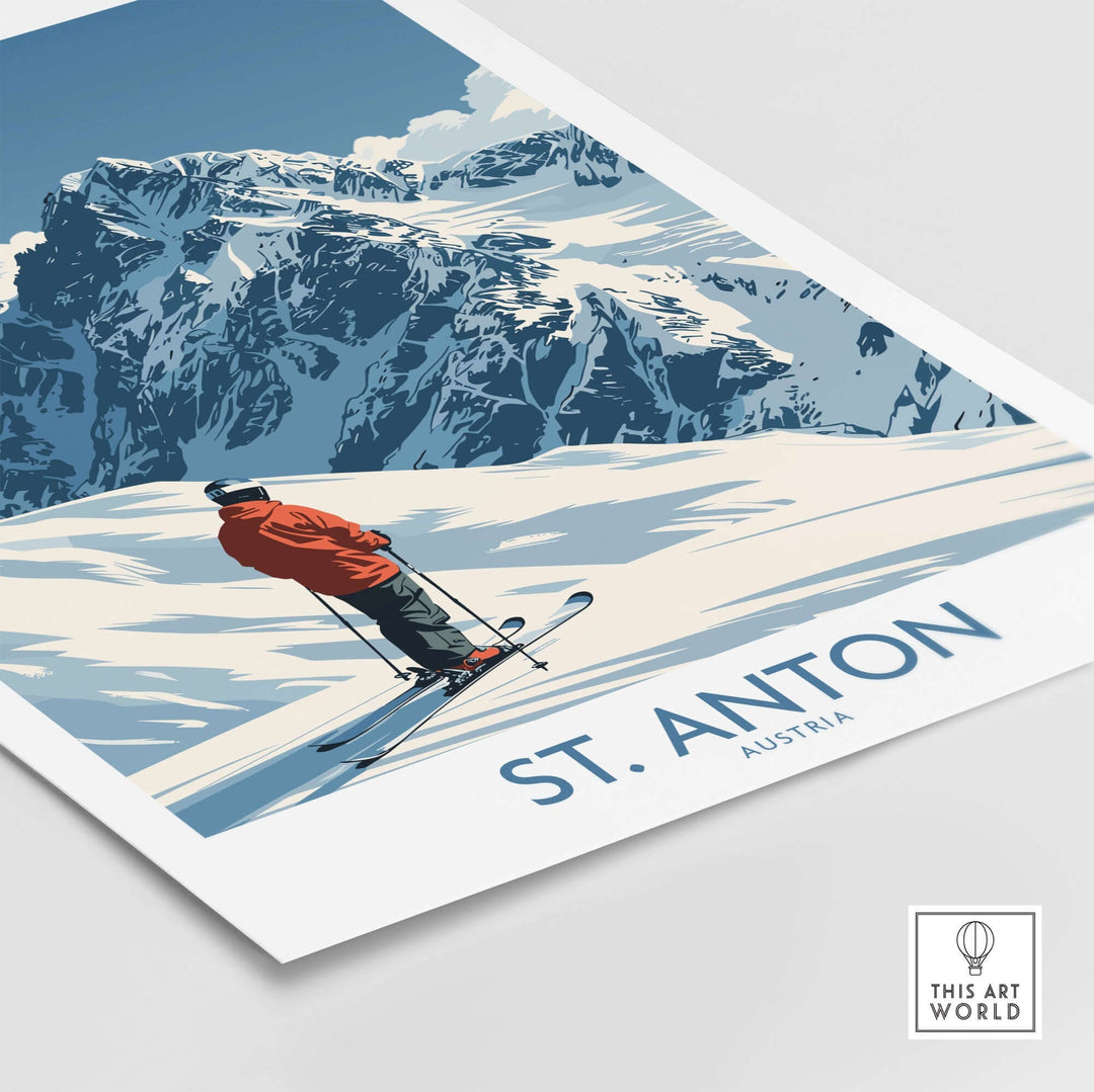 St. Anton ski poster featuring a skier on snowy slopes with majestic mountains in the background, perfect for winter decor.