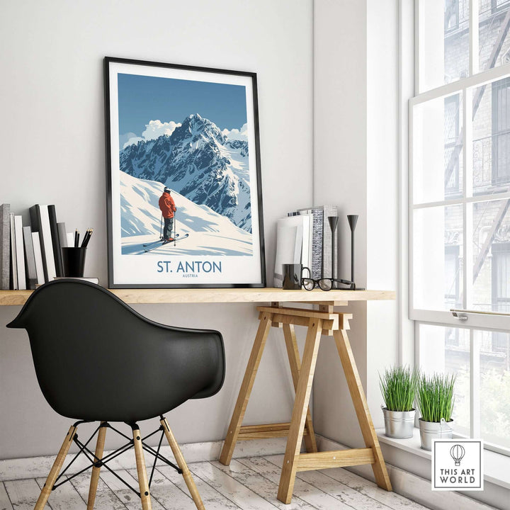 St. Anton ski poster displayed in a modern workspace, featuring a skier on snowy mountains, perfect for ski lovers' decor.