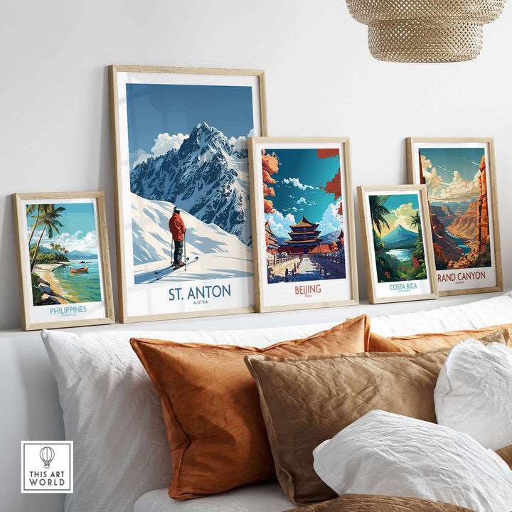 St. Anton Ski Poster displayed among travel-themed art prints in a stylish home setting. Ideal for ski lovers and decor enthusiasts.