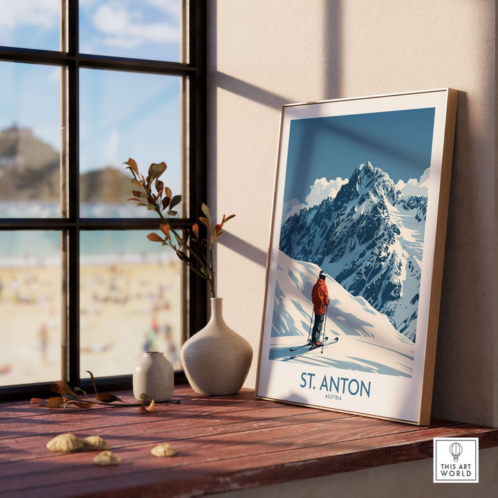 St. Anton ski poster displayed indoors, showcasing snow-capped mountains and a skier, perfect for ski lovers and home decor.