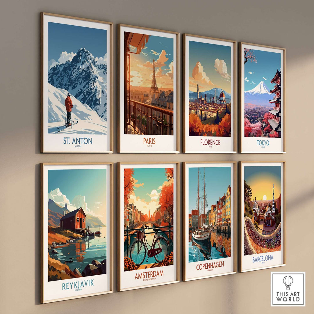 Collection of travel posters featuring St. Anton, Paris, Florence, Tokyo, Reykjavik, Amsterdam, Copenhagen, and Barcelona.