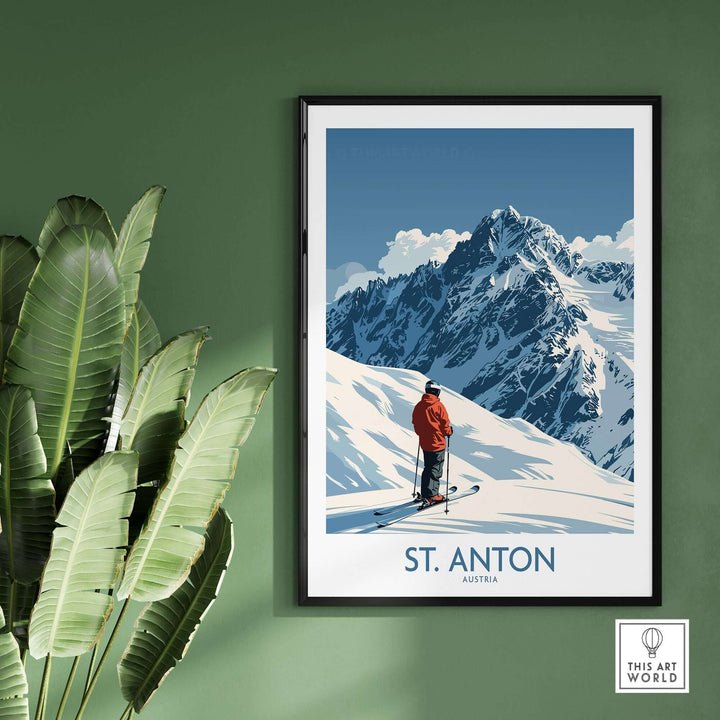 St. Anton ski poster featuring a skier on snowy slopes with mountains, perfect for ski lovers and home decor.