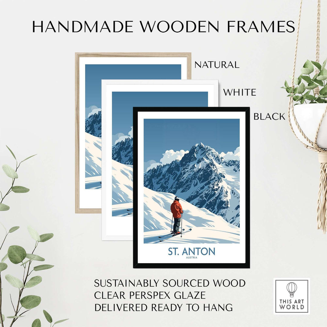 Handmade wooden frames in natural, white, and black showcasing St. Anton ski poster, ready to hang decor.