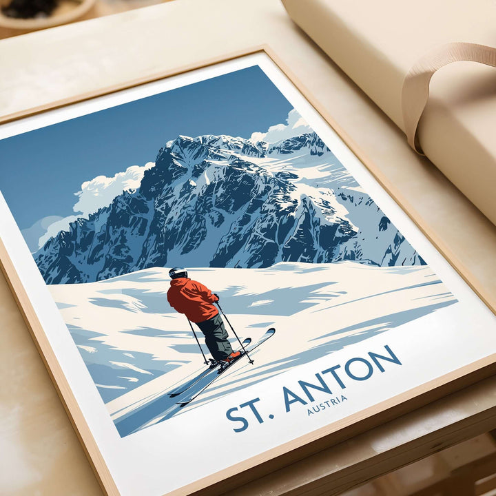 St. Anton ski poster featuring a skier on a snowy mountain backdrop, showcasing the beauty of skiing in Austria.