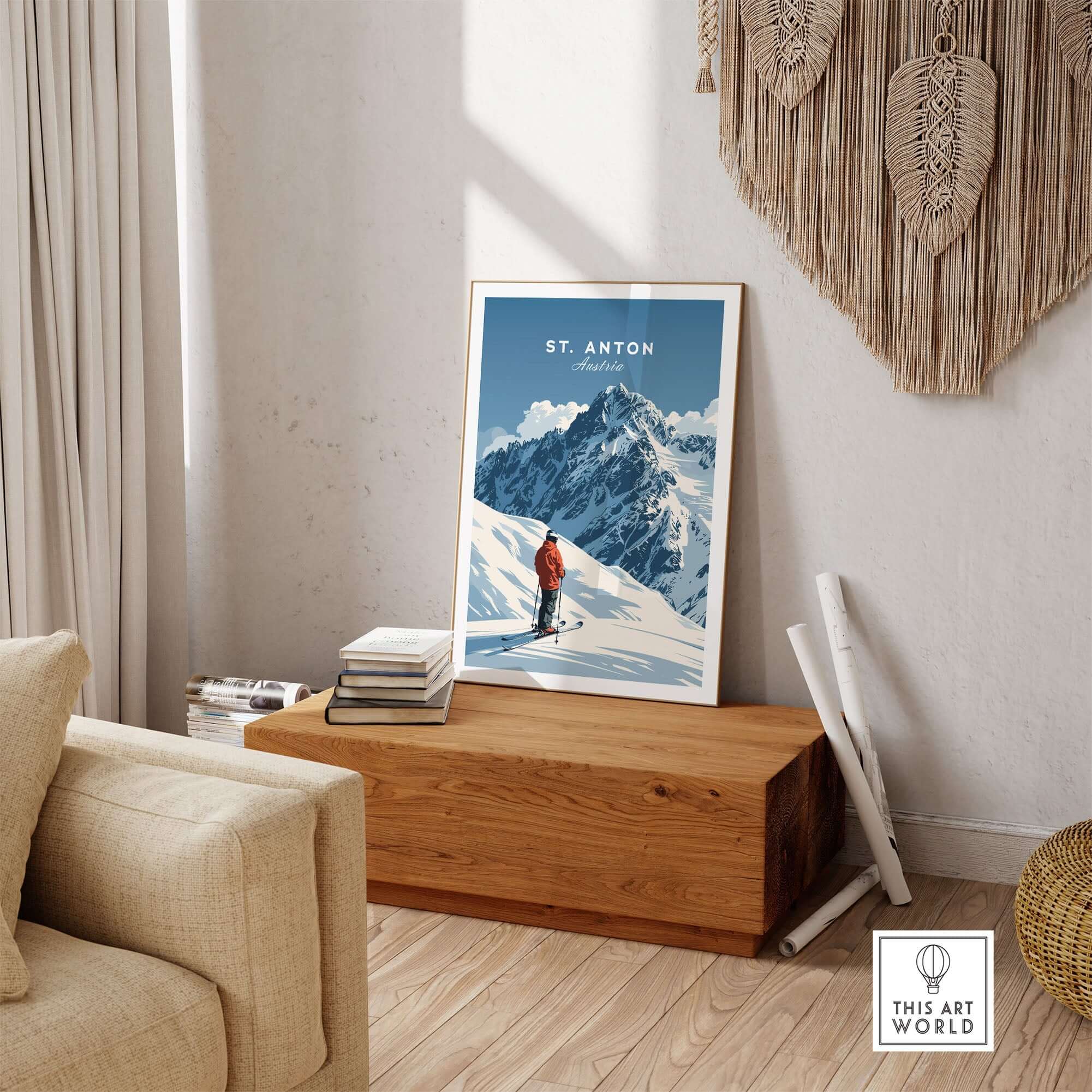 St. Anton Ski Print displayed in a cozy home setting, showcasing winter adventure and mountain beauty.