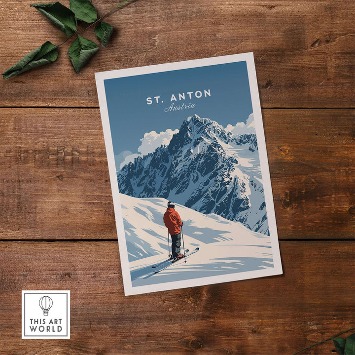 St. Anton ski print featuring a skier admiring snowy mountains, perfect for ski enthusiasts and home decor.