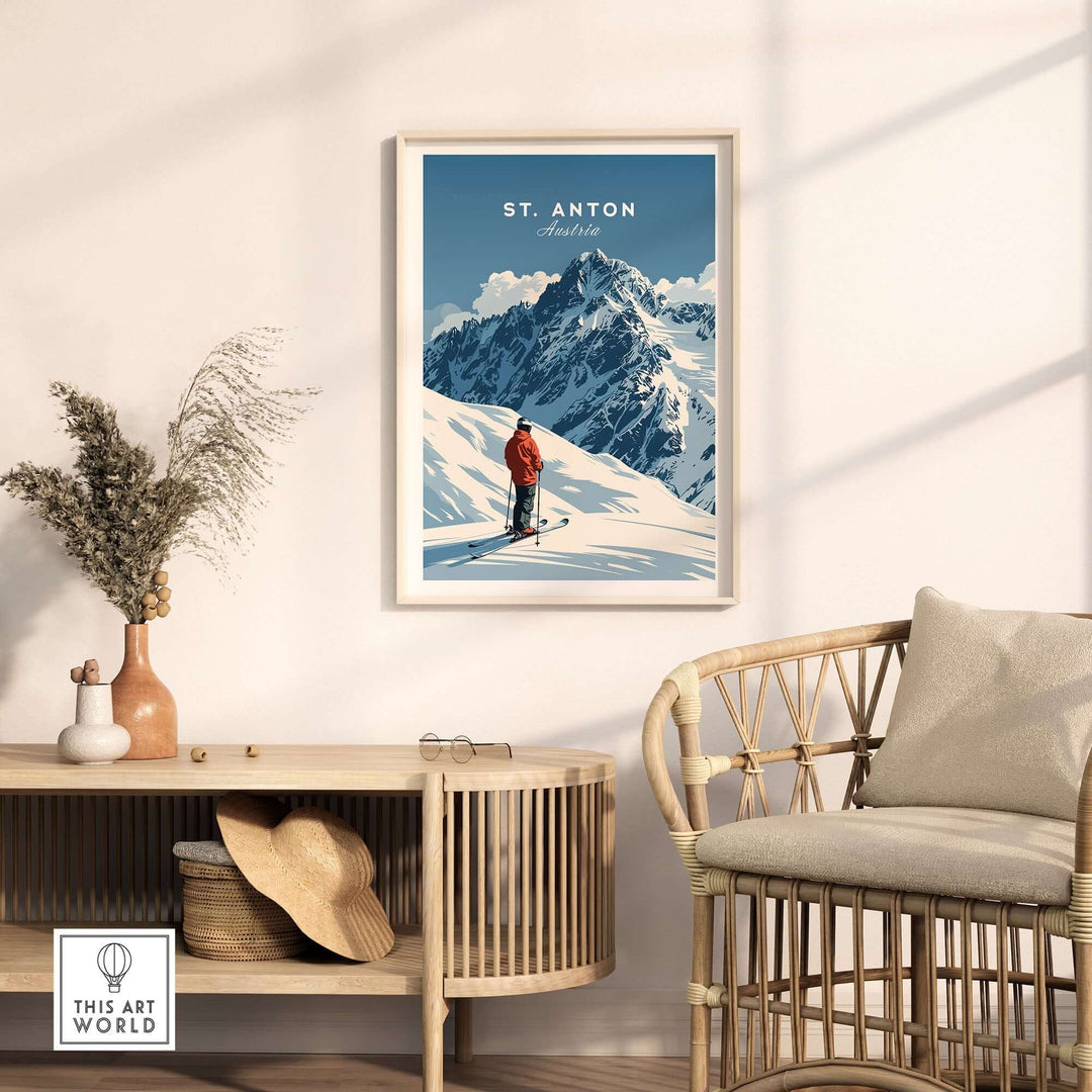 St. Anton Ski Print displayed in a stylish living room, showcasing a skier in front of majestic mountains and snowy landscape.