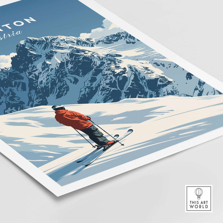 St. Anton Ski Print showcasing a skier against a stunning mountain backdrop, perfect for ski enthusiasts and home decor.