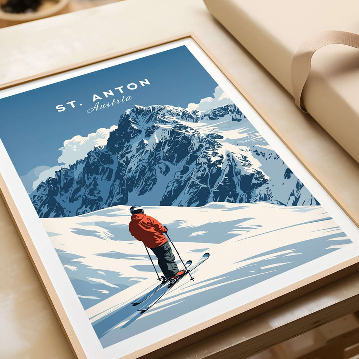 St. Anton ski print featuring a skier against majestic mountain backdrop, perfect for winter sports enthusiasts and home decor.