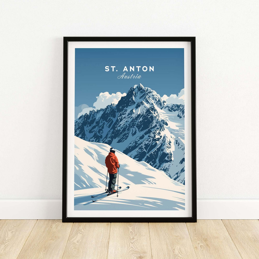 St. Anton Ski Print featuring a skier on snowy mountains, capturing the essence of skiing in Austria. Perfect wall art for ski enthusiasts.