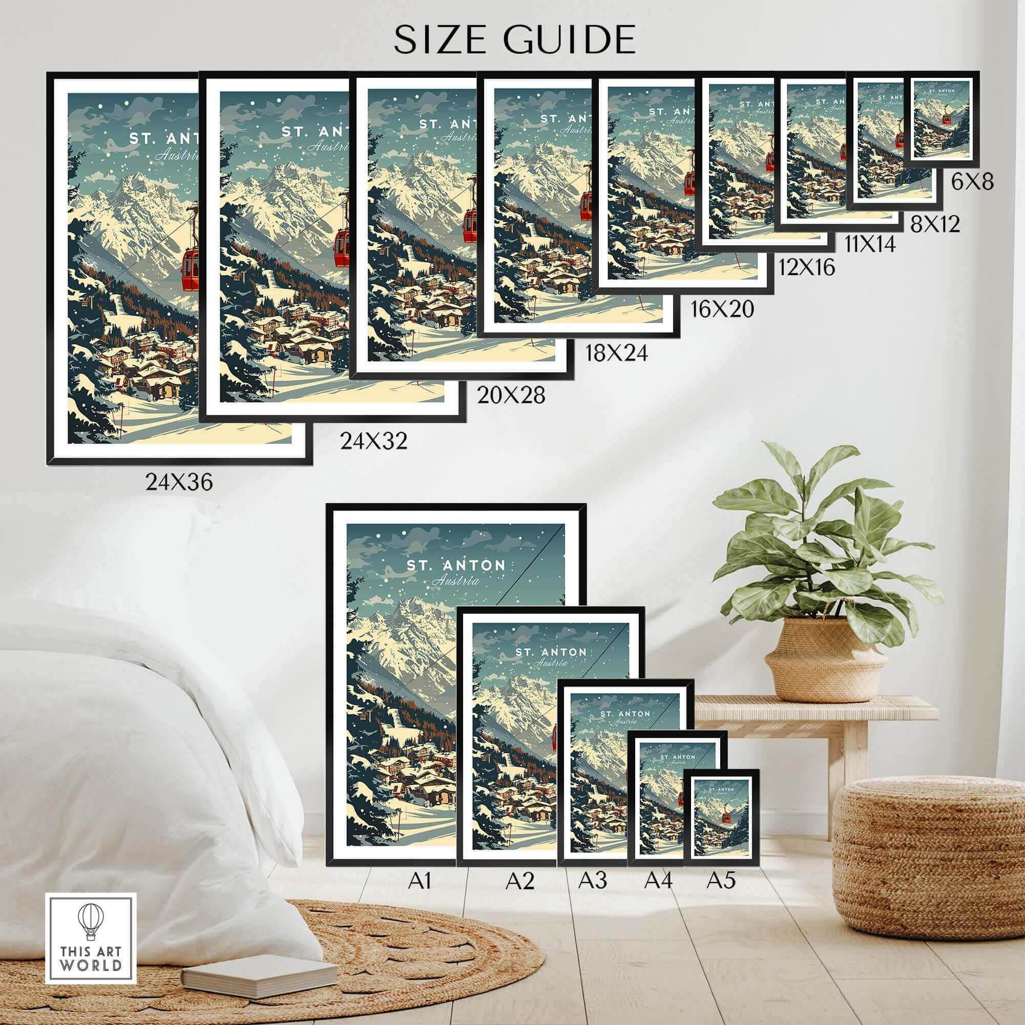 Size guide for St. Anton ski poster wall art, featuring various available dimensions displayed in a stylish bedroom setting.