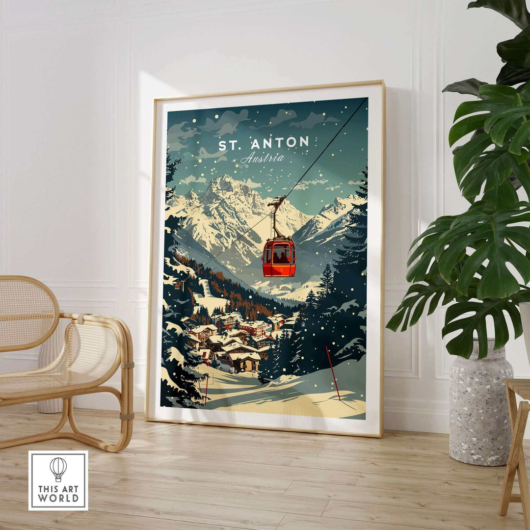 St. Anton wall art ski poster featuring a snowy mountain landscape with a red cable car, ideal for home decor enthusiasts.