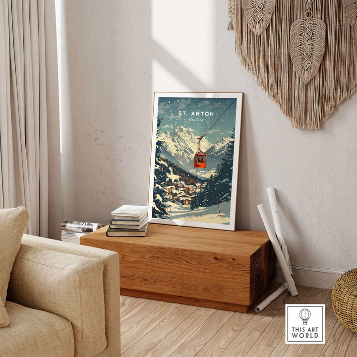 Ski Poster of St. Anton showcasing snowy mountains, cable car, and rustic decor in a cozy living room setting.