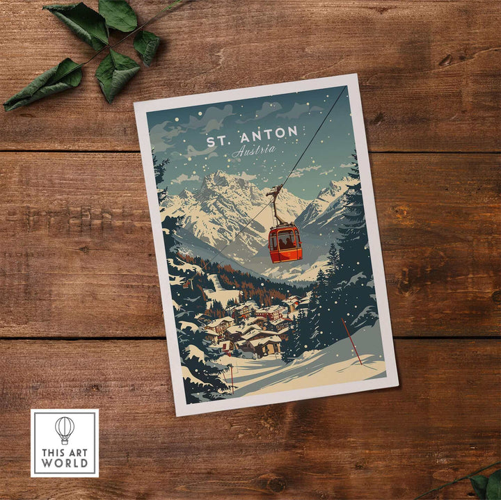 Vintage St. Anton ski poster featuring a snowy mountain scene with a cable car, ideal wall art for ski enthusiasts and home decor.