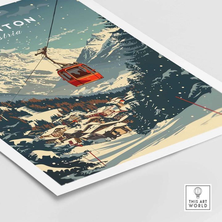 Vintage St. Anton Ski Poster featuring snow-capped mountains and a red gondola, perfect wall art for ski enthusiasts.