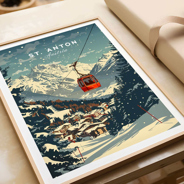 Vintage St. Anton ski poster featuring snowy mountains and a cable car, perfect wall art for ski enthusiasts.