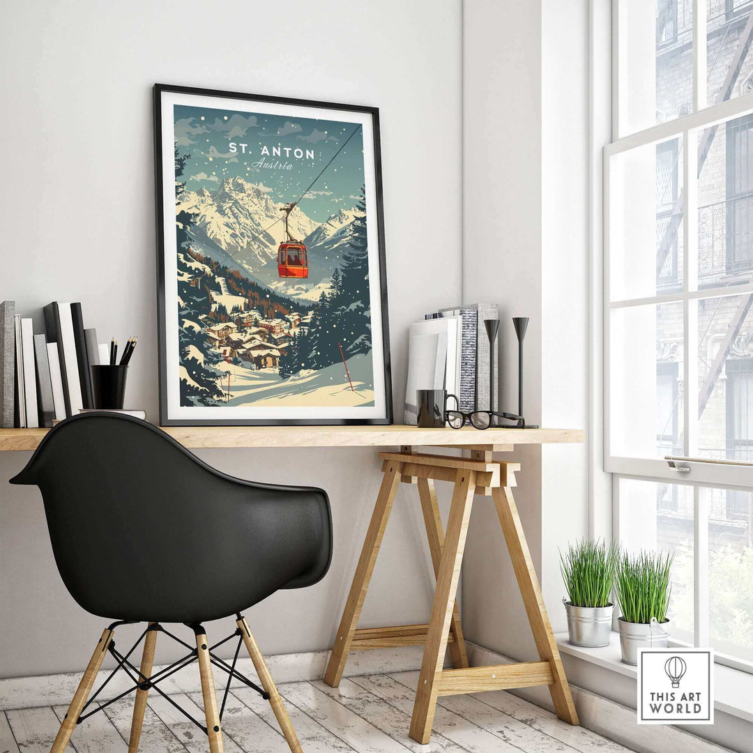 St. Anton wall art poster featuring a ski lift, perfect for enhancing a modern workspace with alpine charm and style.