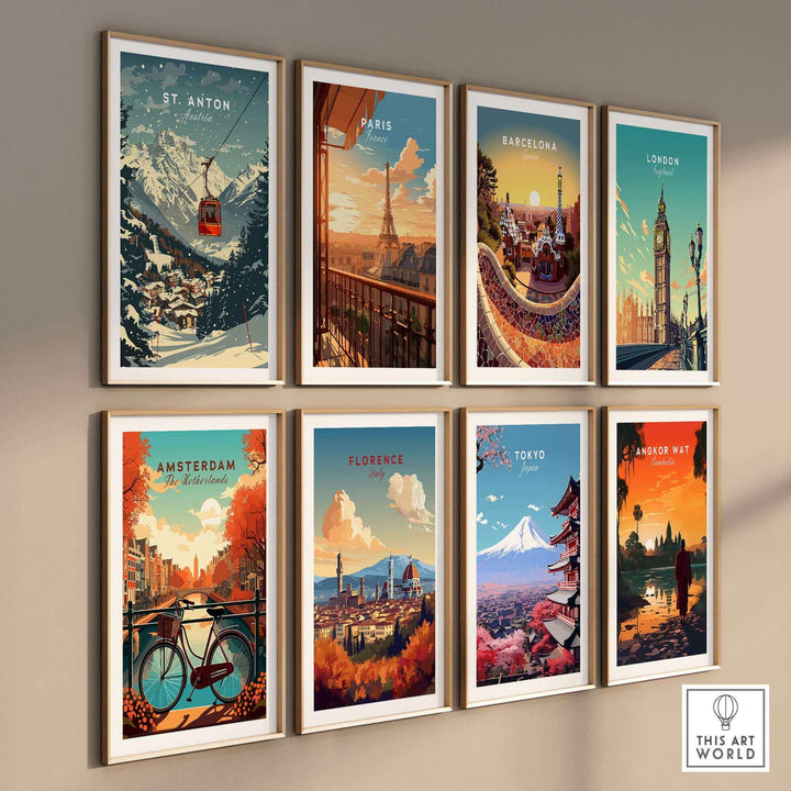 Collection of travel-themed wall art posters, including St. Anton ski poster, Paris, Barcelona, London, Amsterdam, Florence, Tokyo, Angkor Wat.