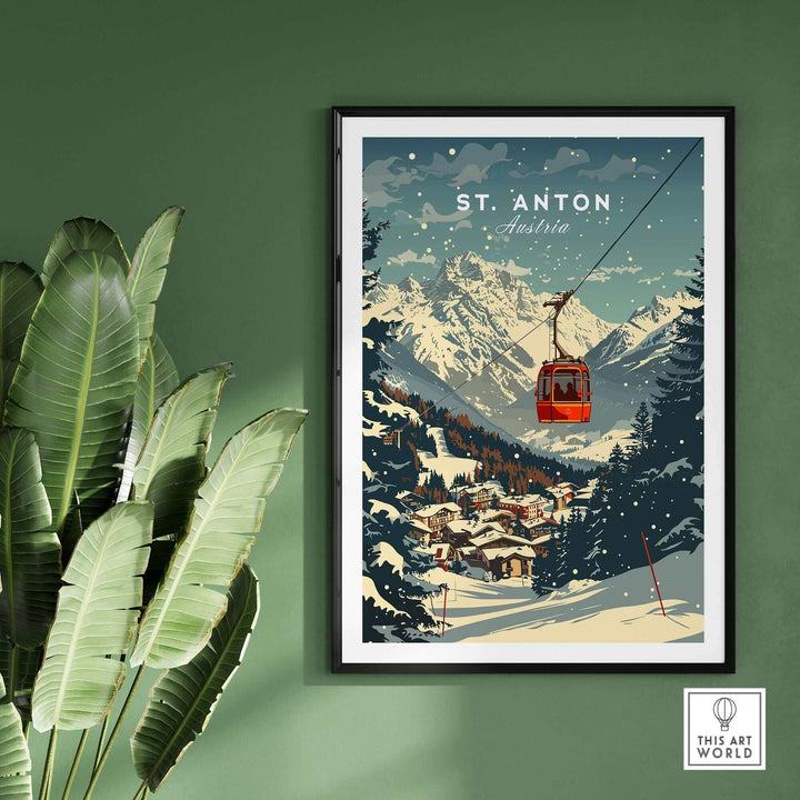 Vintage ski poster of St. Anton, Austria wall art featuring a red cable car amidst snowy mountains, ideal for winter sports enthusiasts.