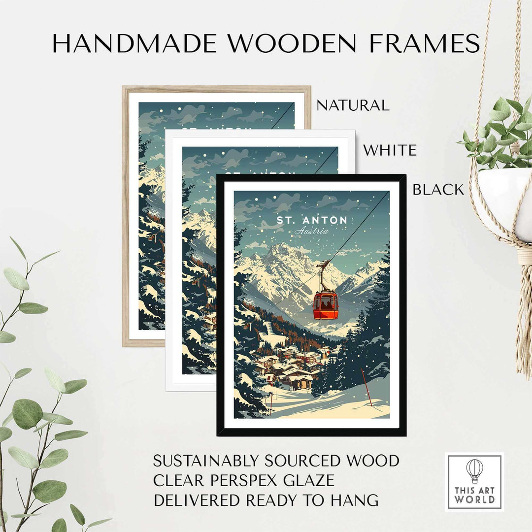 St. Anton Ski Poster in handmade wooden frames, natural, white, and black options, sustainably sourced wood, ready to hang