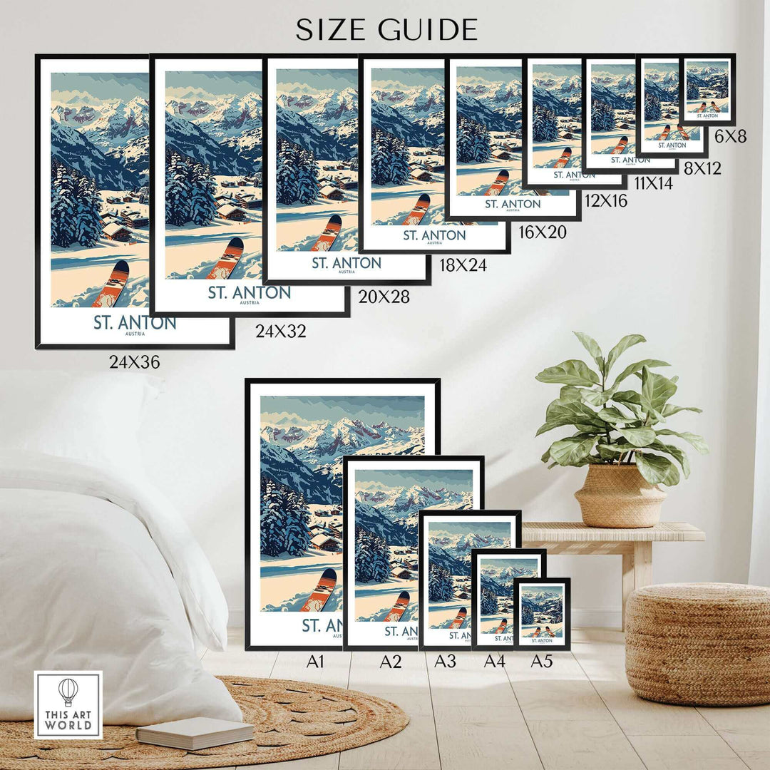 St. Anton Wall Art Ski Poster size guide showcasing various dimensions from A1 to 24x36 inches, perfect for ski enthusiasts.