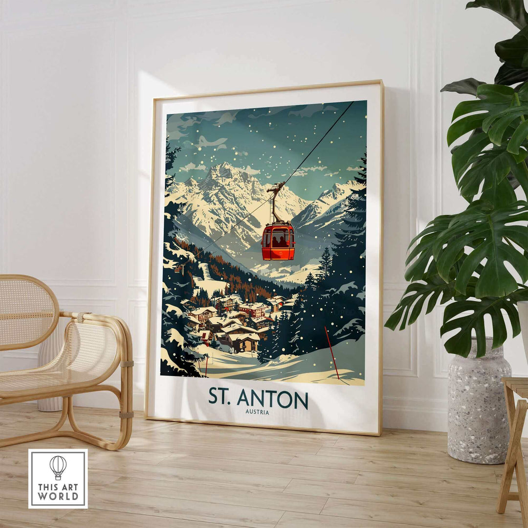 St. Anton Wall Art Ski Poster featuring a snowy mountain landscape and ski lift, framed and displayed in a modern room setting.