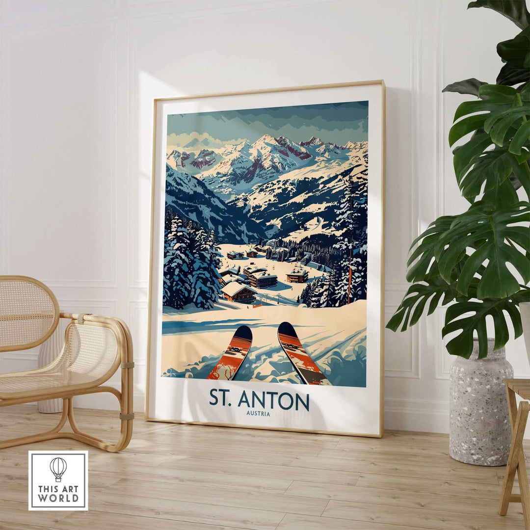 Ski Poster of St. Anton with snowy mountain scenery, displayed in a stylish room with a chair and plant.