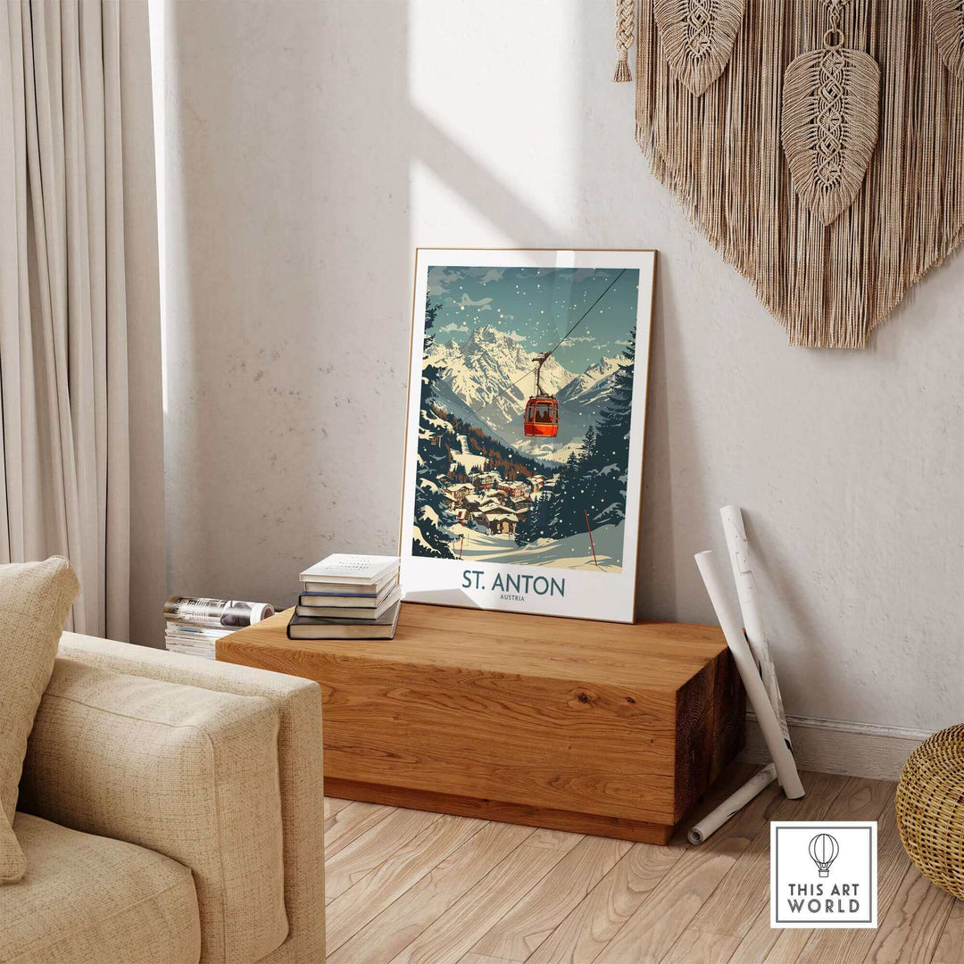 St. Anton wall art ski poster featuring a snowy mountain scene with a red gondola, set in a cozy living room with rustic decor.