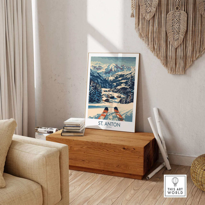 Vintage-style St. Anton ski poster in cozy living room setting, highlighting winter mountain scene.