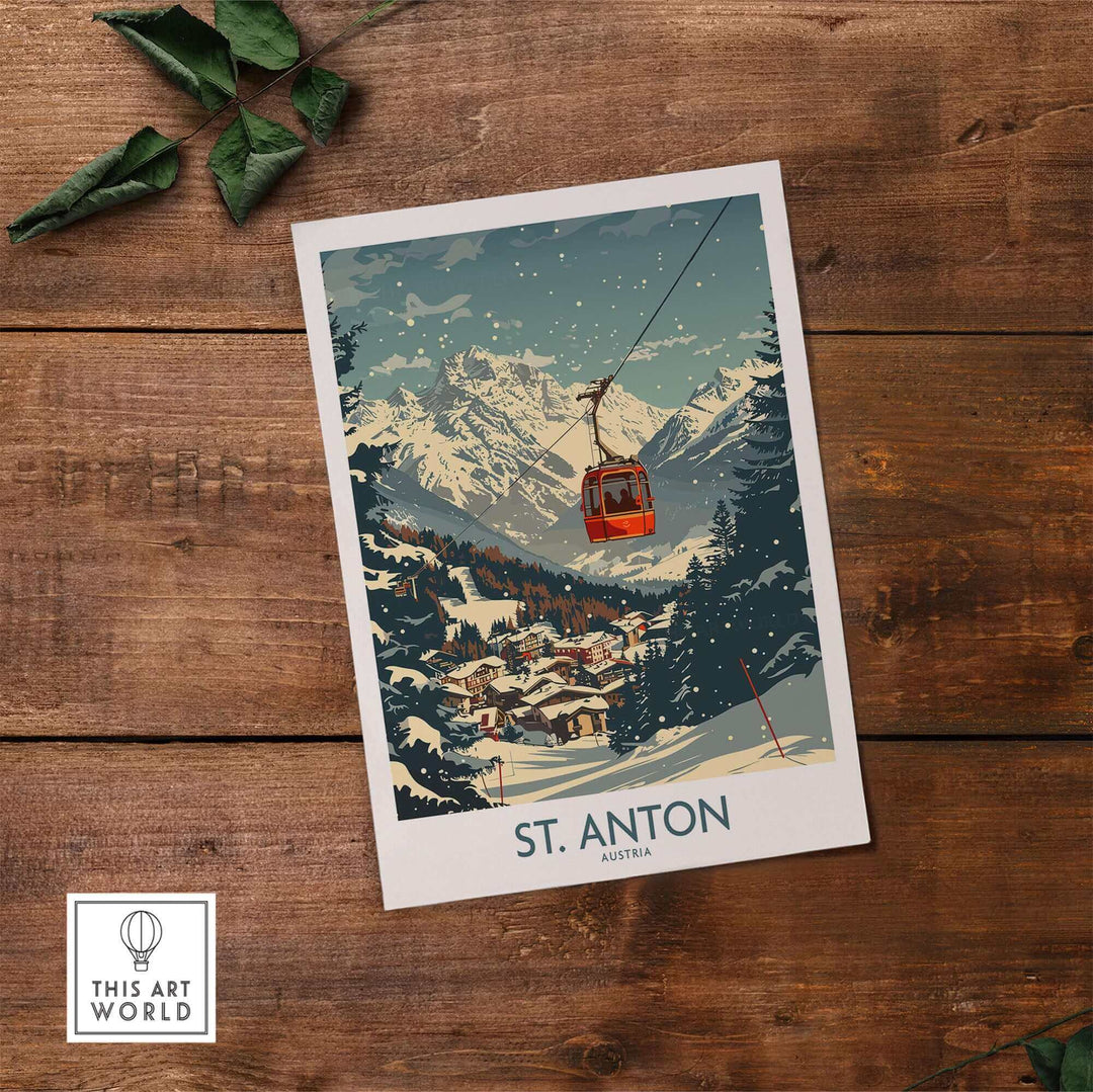 Vintage St. Anton wall art ski poster depicting a snowy mountain scene with a cable car, perfect for winter sports enthusiasts.