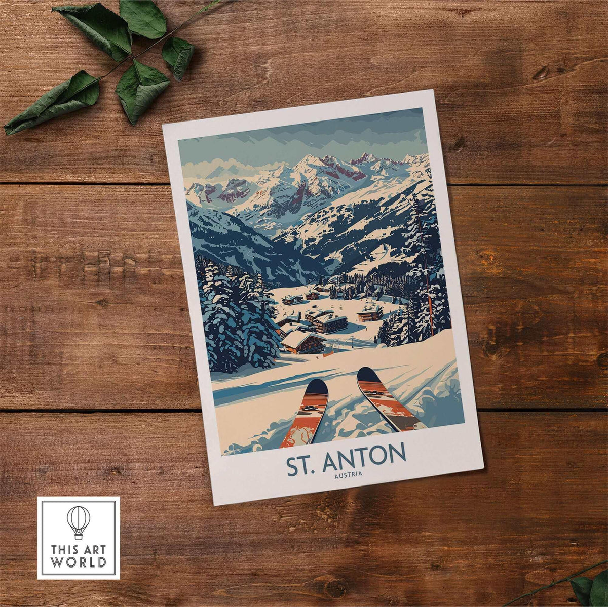Vintage St. Anton Wall Art Ski Poster on wooden background, showcasing snowy mountains and skis for home decor.