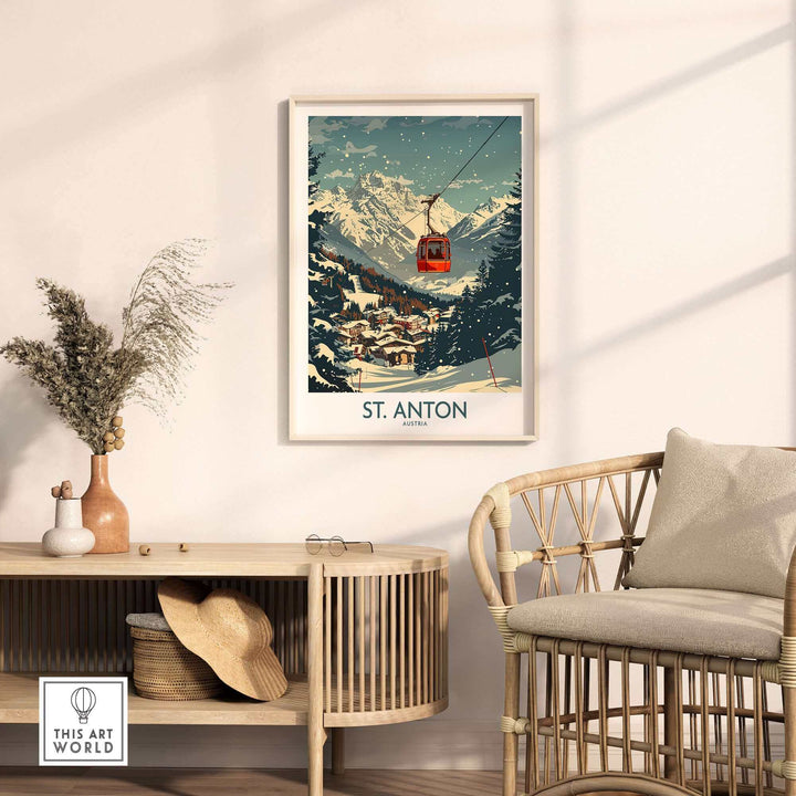 Cozy room featuring a St. Anton ski poster, highlighting a snowy mountain landscape with a cable car, perfect for ski enthusiasts.