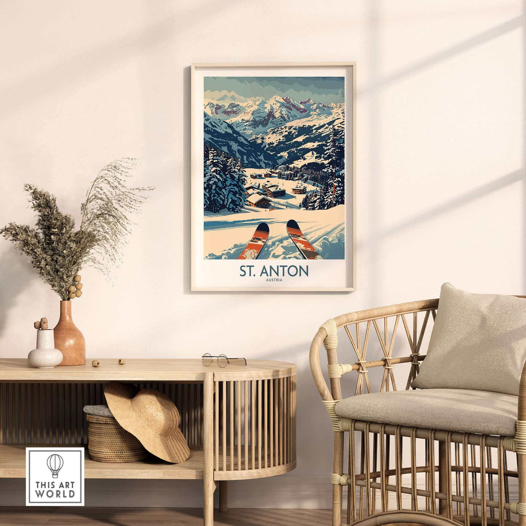 St. Anton wall art ski poster featuring a snowy mountain landscape, framed in a cozy living room setting with natural decor.