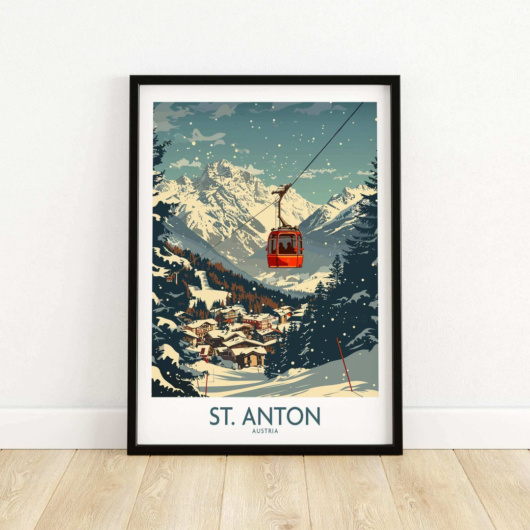 St. Anton wall art ski poster featuring a snowy mountain scene with a red cable car over a winter village in Austria.