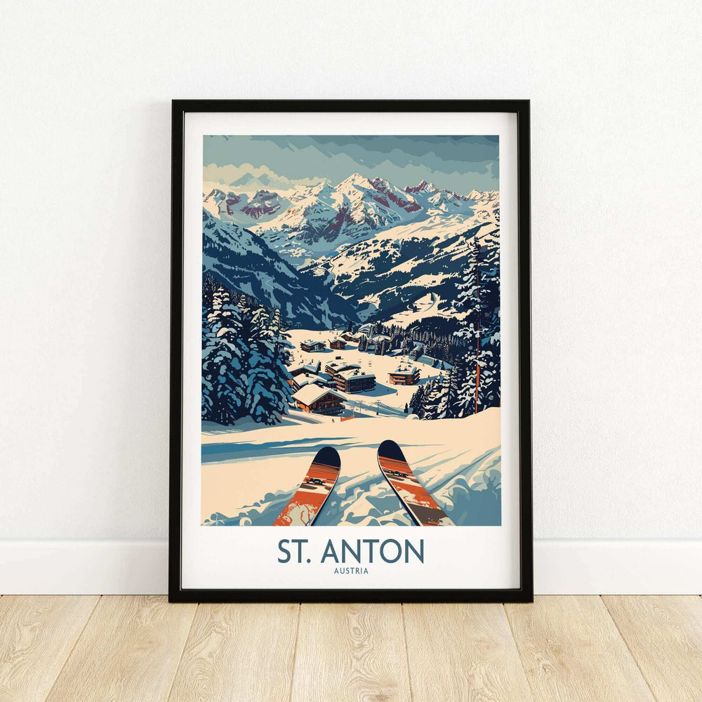 St. Anton Wall Art Ski Poster featuring snowy mountain landscape with skis, perfect for ski enthusiasts and home decor enthusiasts.