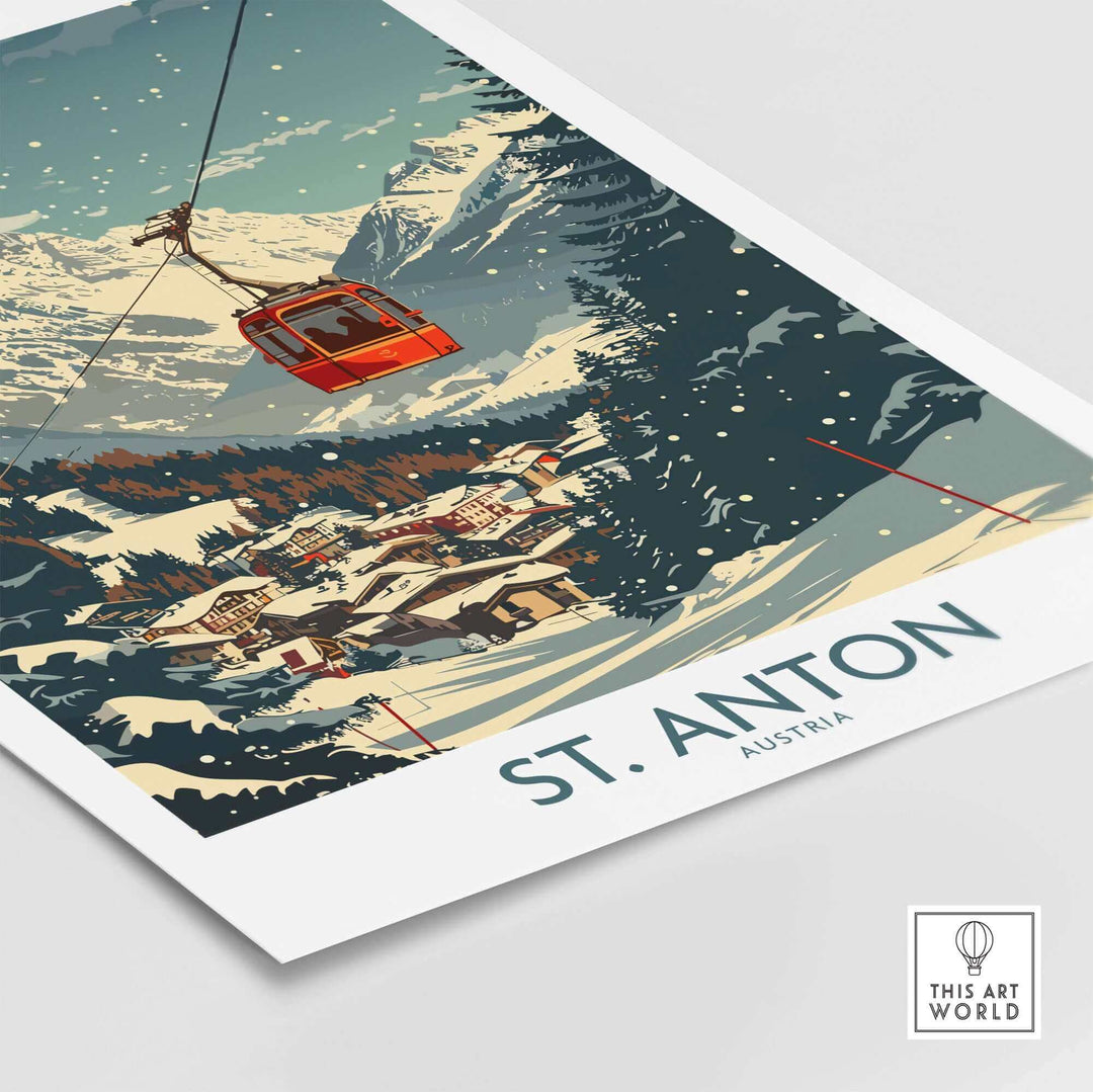 Vintage-style St. Anton ski poster featuring a snowy landscape with a cable car and charming village below.