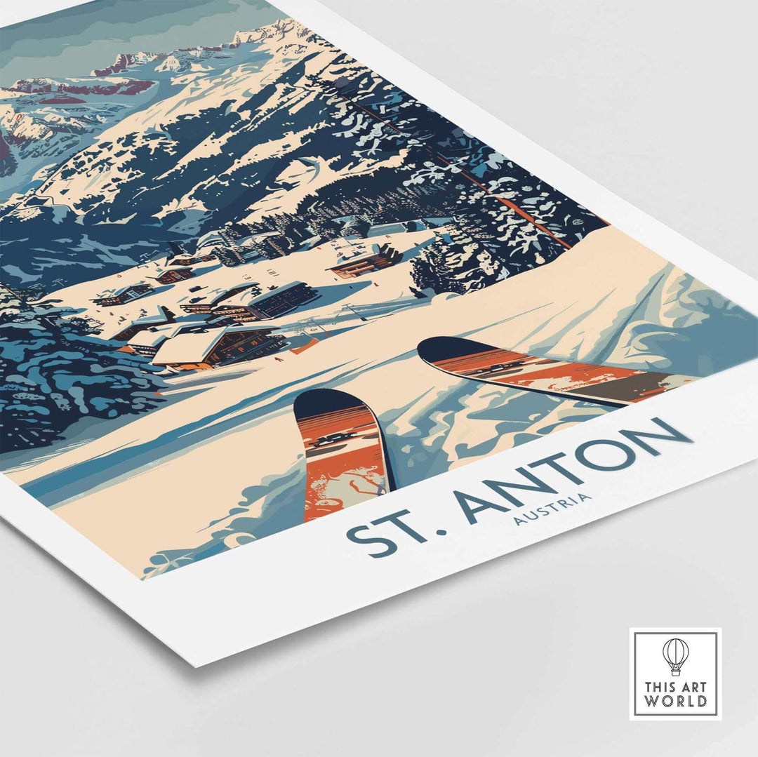 Ski poster featuring St. Anton Wall Art with a snowy mountain scene and vintage skis, perfect for winter sports enthusiasts.