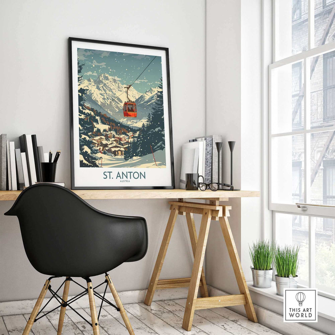 St. Anton Ski Poster Wall Art on Desk in Modern Room with Chair and Books