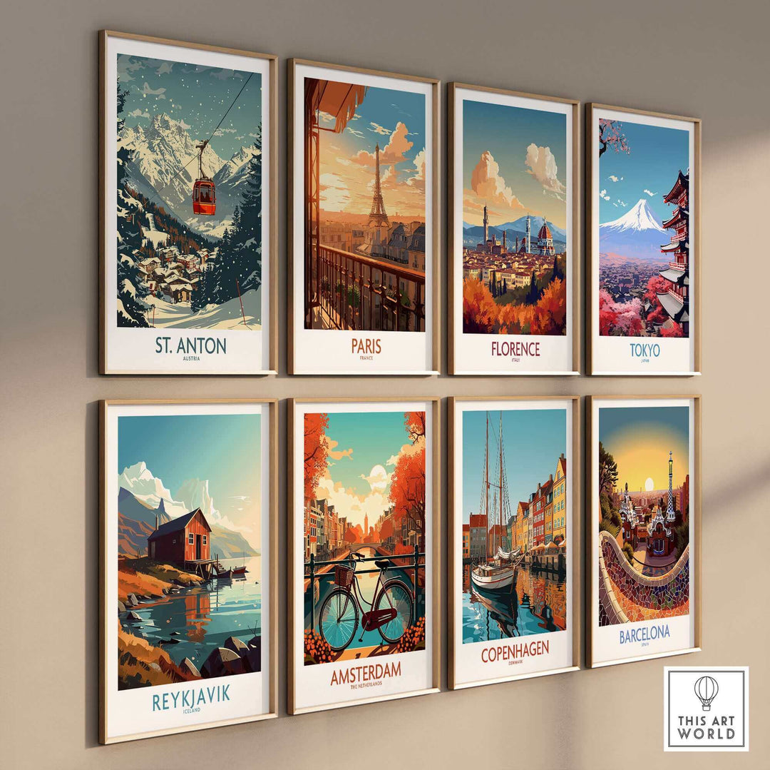 Wall displaying eight travel and ski posters including St. Anton, Paris, Florence, Tokyo, Reykjavik, Amsterdam, Copenhagen, and Barcelona.