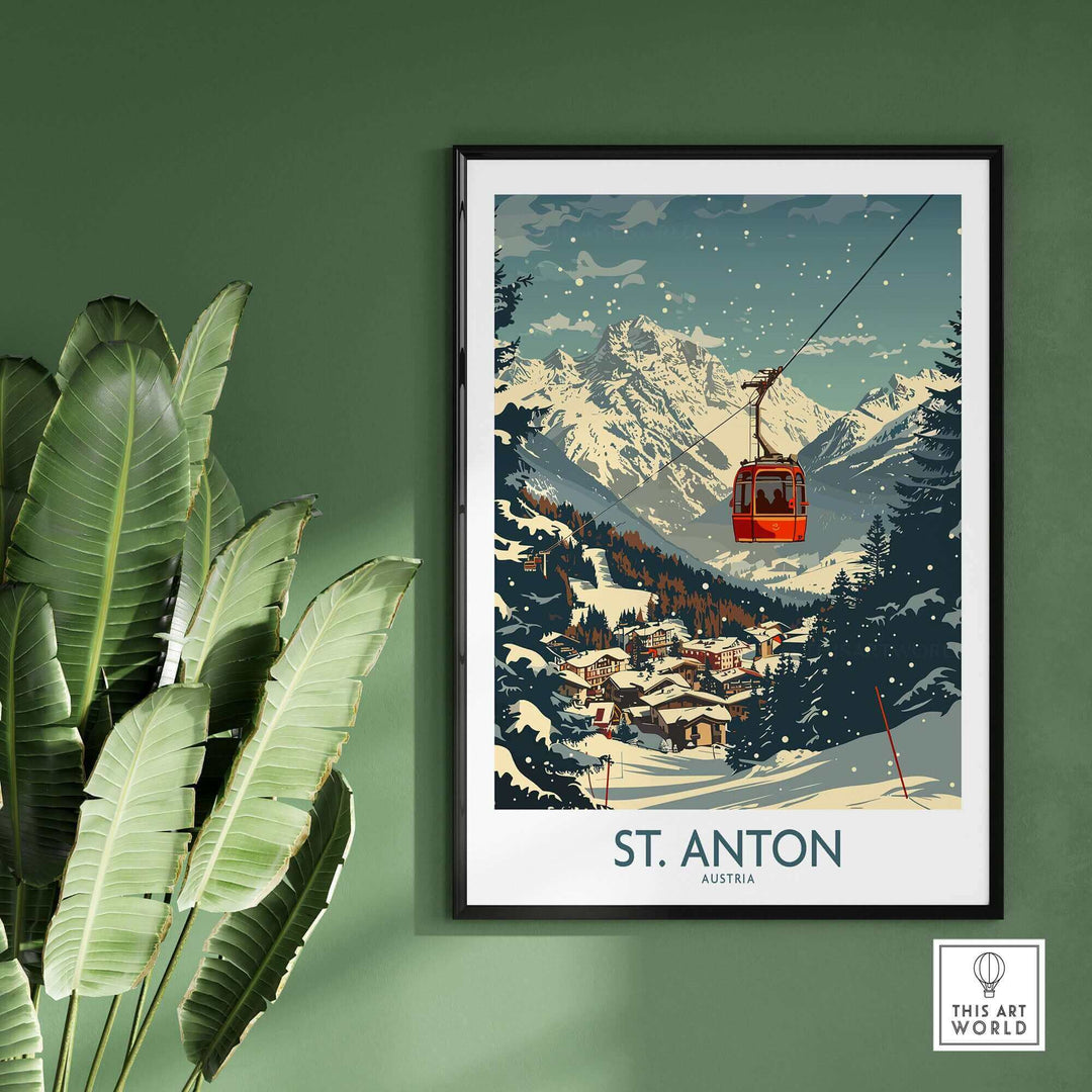 St. Anton wall art ski poster with vintage design featuring snowy mountains and gondola lift in Austria.