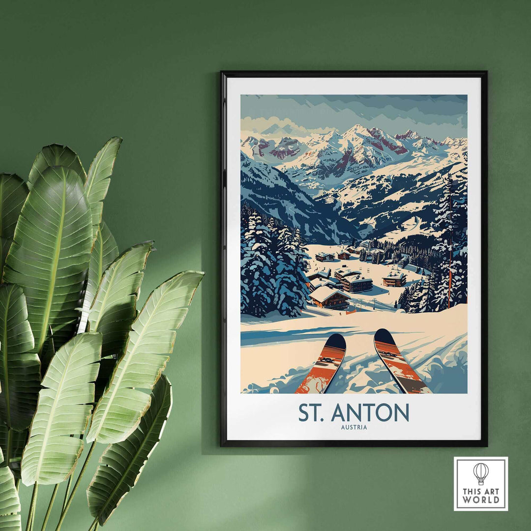 Vintage St. Anton ski poster with snowy mountains, village, and skis on a green wall.