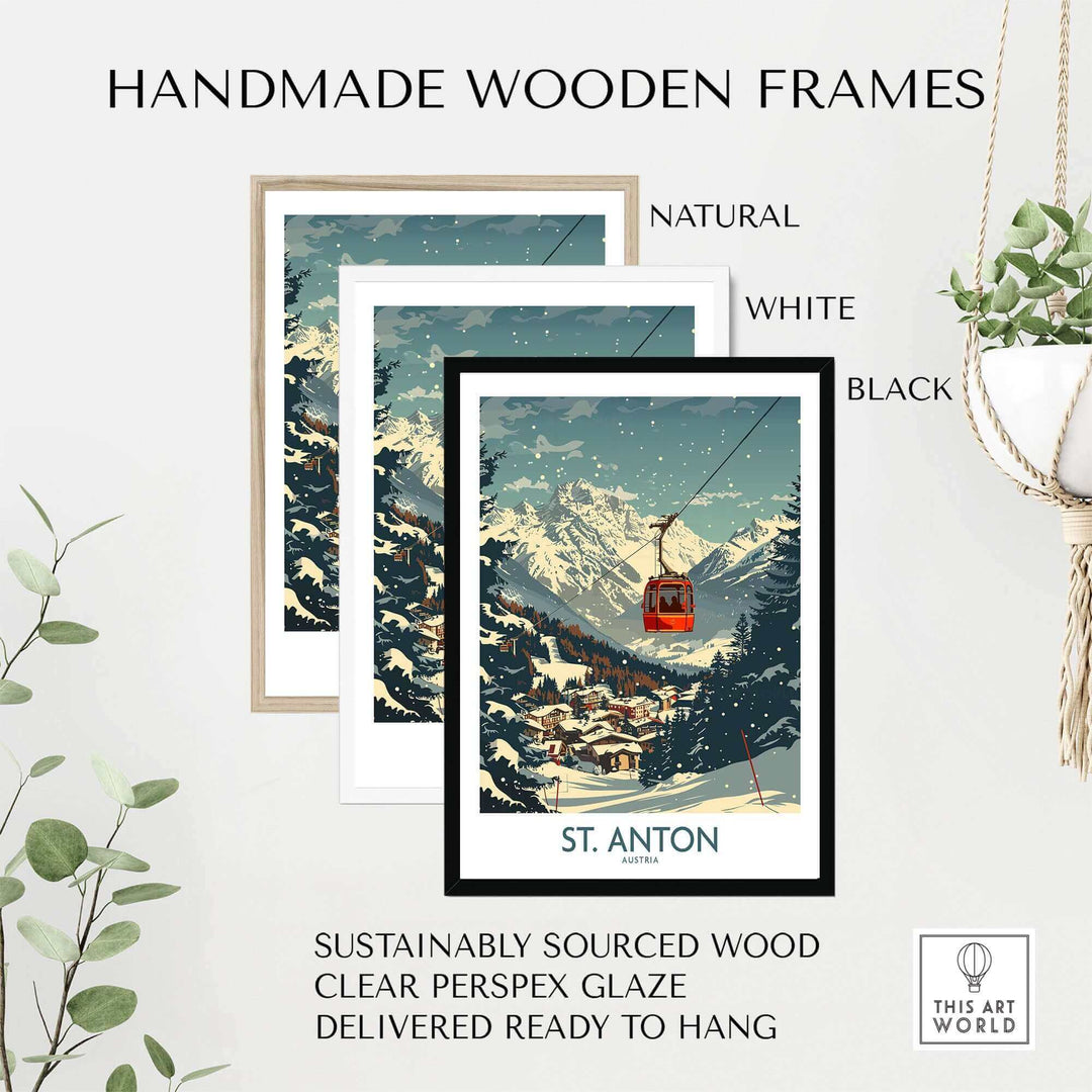 St. Anton Ski Poster with Handmade Wooden Frames in Natural, White, and Black Variants