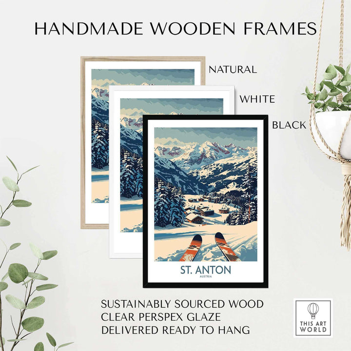 Ski Poster of St. Anton in handmade wooden frame with natural, white, or black options; sustainably sourced materials.