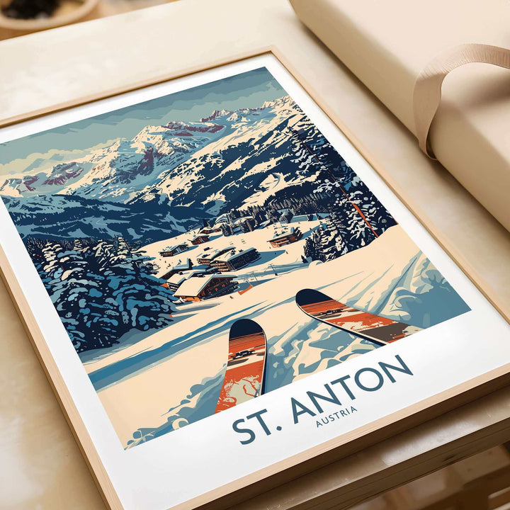 St. Anton Ski Poster featuring snowy mountain scenery, perfect wall art for ski enthusiasts.