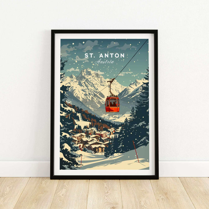 Vintage St. Anton ski poster featuring a scenic cable car with snowy mountains and charming village backdrop, perfect wall art décor.