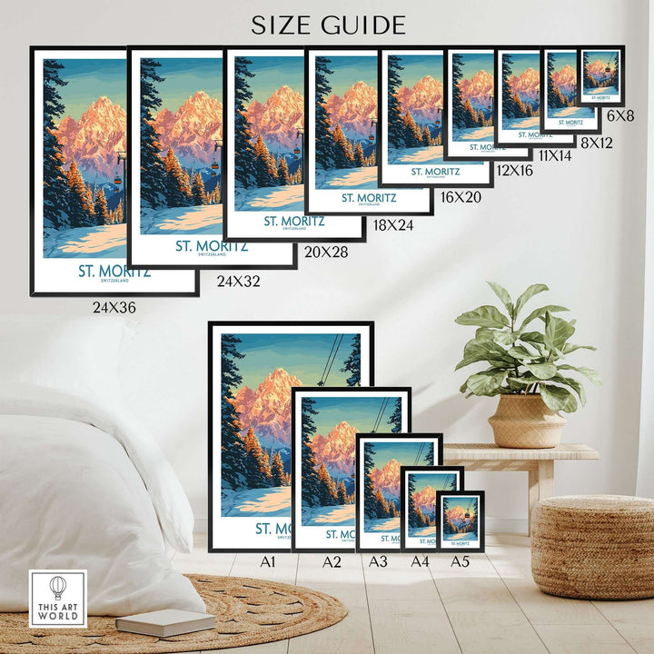 St. Moritz Ski Print size guide showcasing various frame sizes for Swiss Alps wall art in a cozy living space.