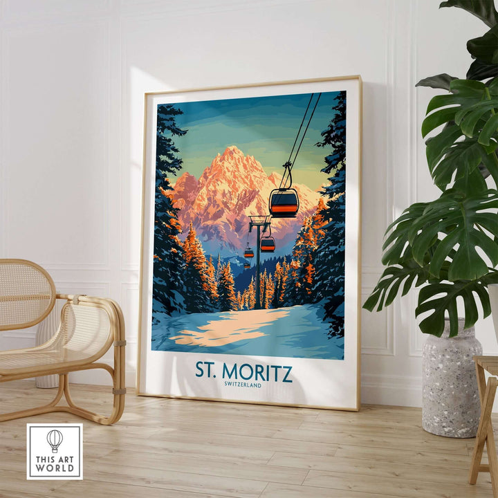 St. Moritz ski print showcasing Swiss Alps, featuring a ski lift amidst snowy landscapes and vibrant mountain colors.