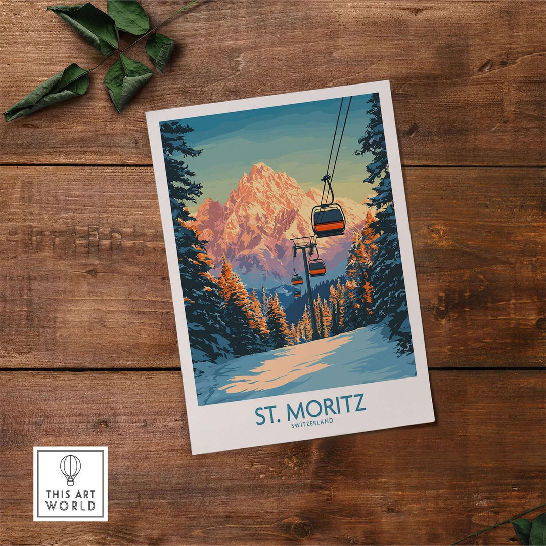 St. Moritz ski print featuring Swiss Alps and ski lift on a wooden background, perfect wall art for adventure lovers.