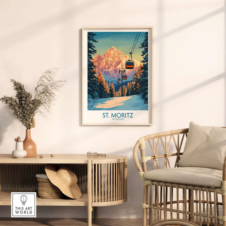 St. Moritz Ski Print showcasing Swiss Alps, ideal for ski lovers and home decor in a stylish interior setting.